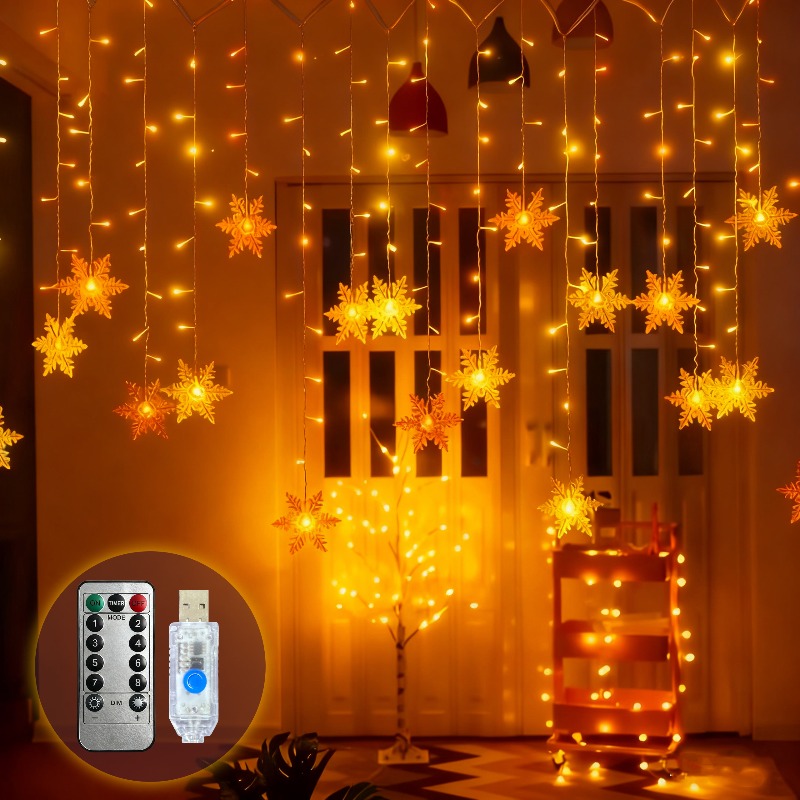 Outdoor Solar Power Xmas Lights - USB 전원 눈꽃 커튼 조명 리모컨